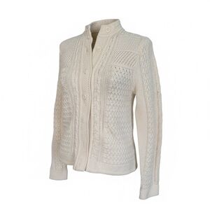 LL BEAN Cream Cotton Cable Knit Cardigan Sweater Button Front Small Classic